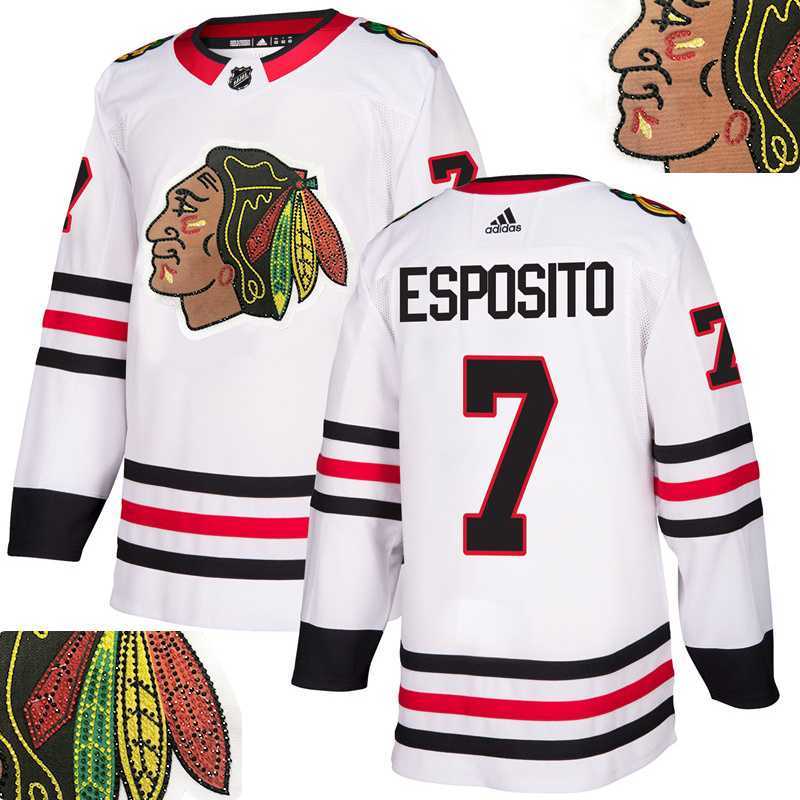 Blackhawks #7 Esposito White With Special Glittery Logo Adidas Jersey